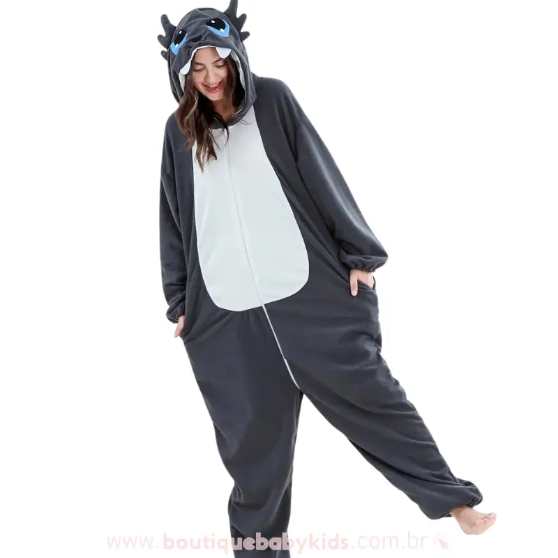 Macacão para Adulto Kigurumi Fantasia de Dragão Noturno Cinza - Boutique Baby Kids