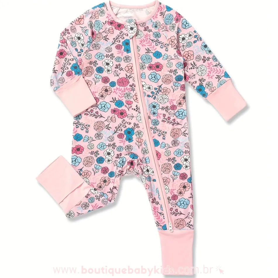 Macacão Bebê Delicadeza Floral com zíper frontal e tecido de bambu - Boutique Baby Kids