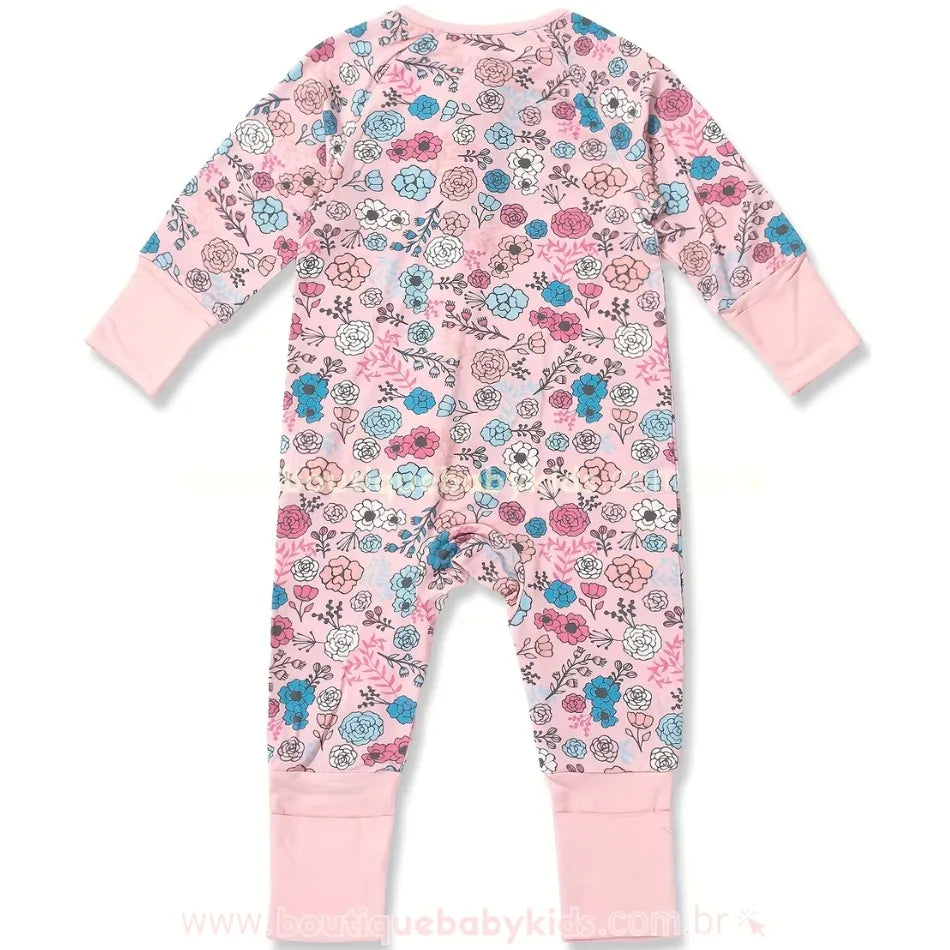 Costas do macacão bebê com estampa floral rosa e azul, em fibra de bambu - Boutique Baby Kids