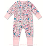 Costas do macacão bebê com estampa floral rosa e azul, em fibra de bambu - Boutique Baby Kids
