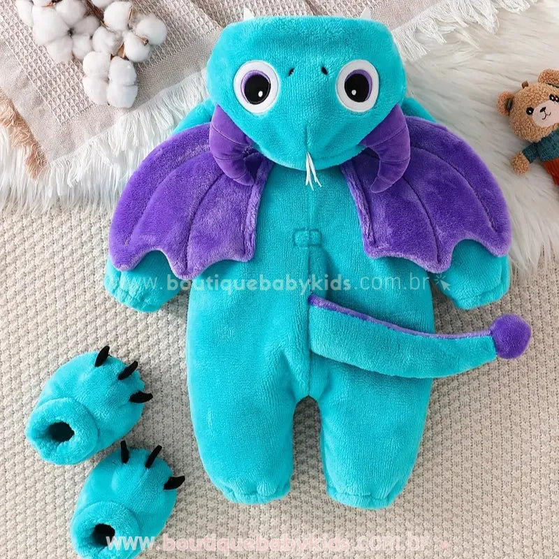 Macacão Bebê Fantasia de Dragãozinho Azul com Asinhas e Pantufa - Boutique Baby Kids