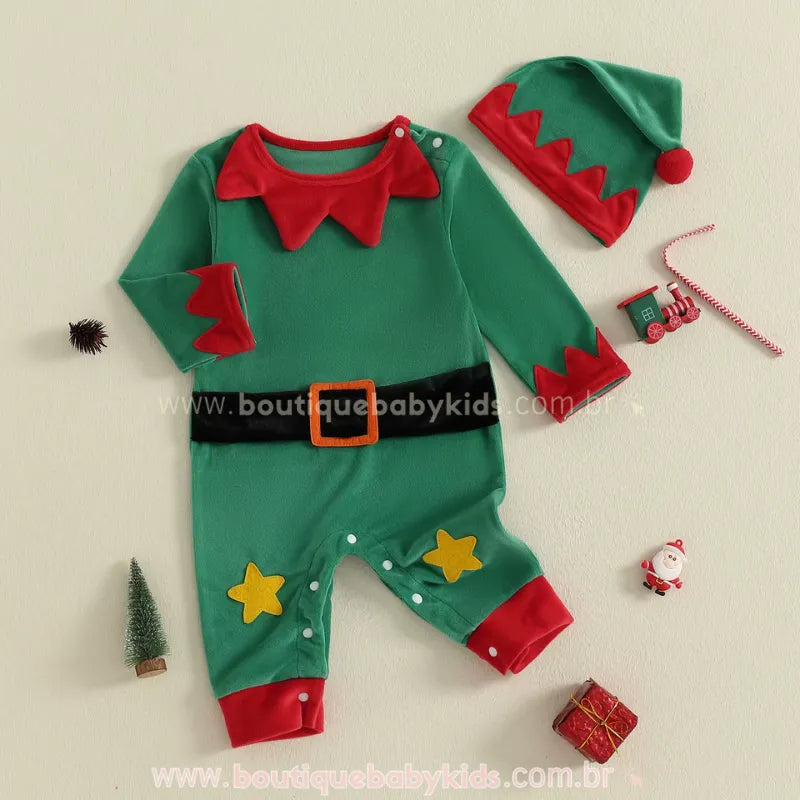 Macacão Bebê Elfinho Ajudante do Papai Noel com Gorro Verde - Boutique Baby Kids