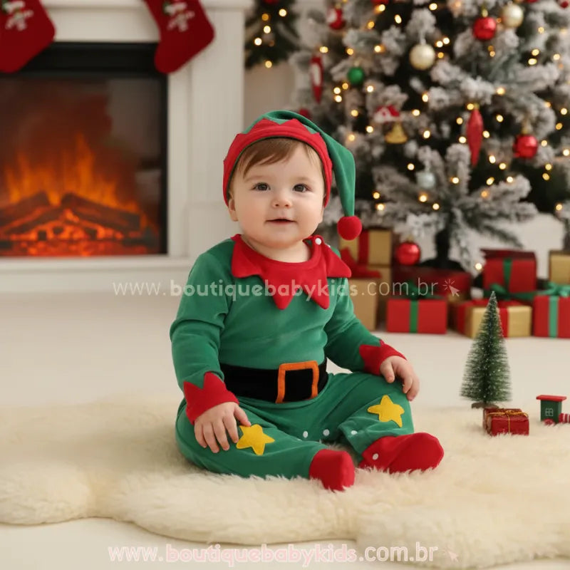 Macacão Bebê Elfinho Ajudante do Papai Noel com Gorro Verde - Boutique Baby Kids