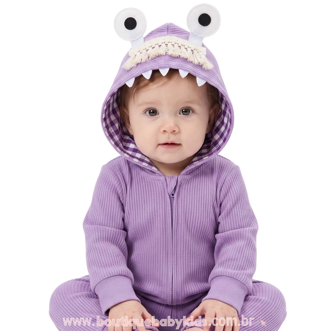Macacão Bebê Fantasia Boo Monstros S.A. com Capuz Temático Lilás - Boutique Baby Kids