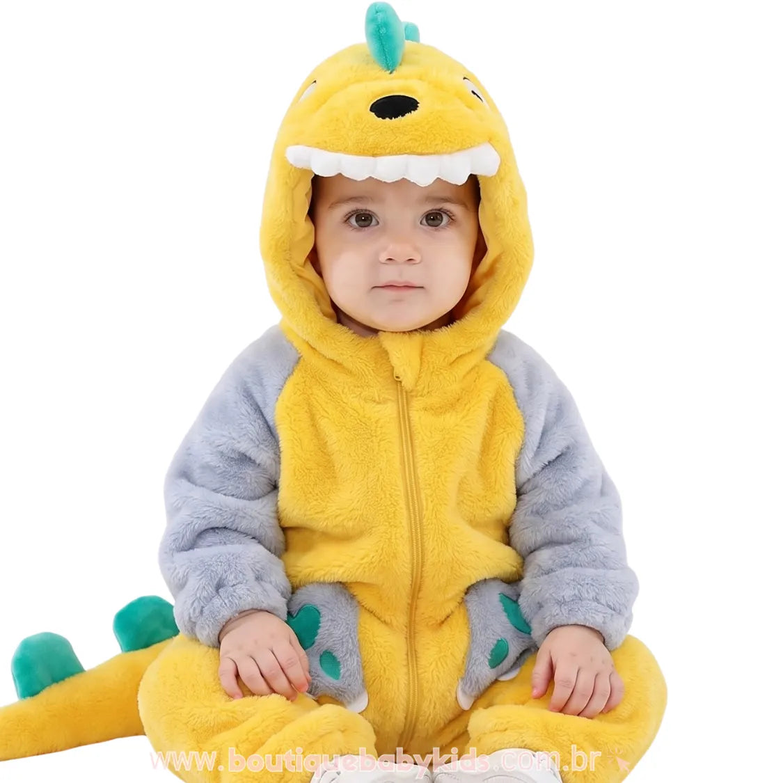 Macacão Bebê Fantasia Bichinho Dinossauro Amarelo - Boutique Baby Kids 