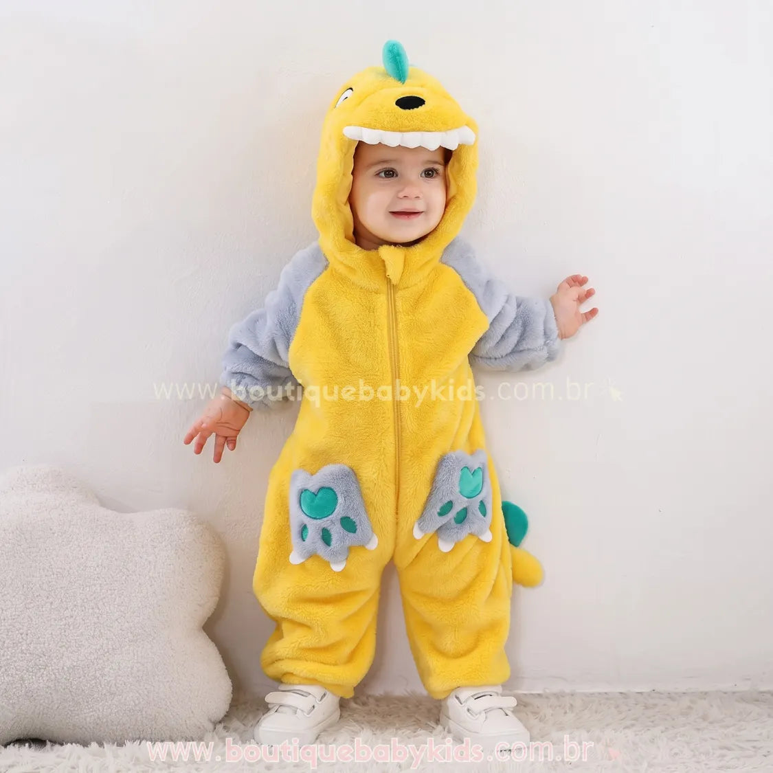 Macacão Bebê Fantasia Bichinho Dinossauro Amarelo - Boutique Baby Kids 
