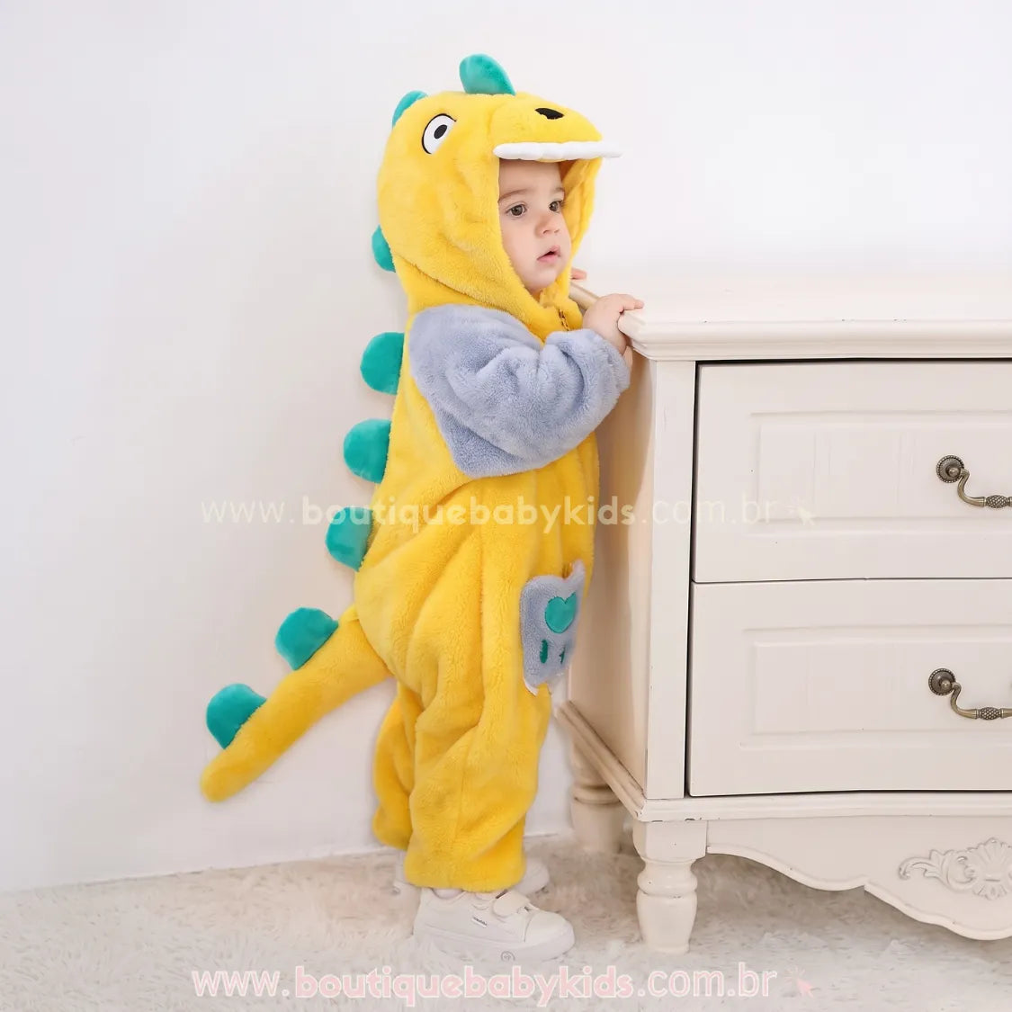 Macacão Bebê Fantasia Bichinho Dinossauro Amarelo - Boutique Baby Kids 