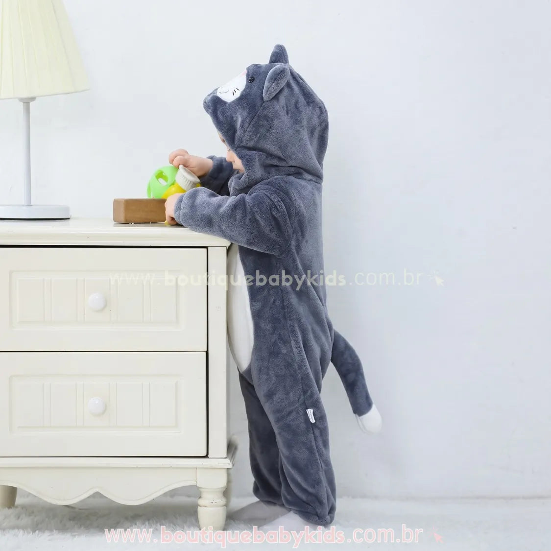Macacão Bebê Fantasia de Bichinho Gatinho Cinza - Boutique Baby Kids 