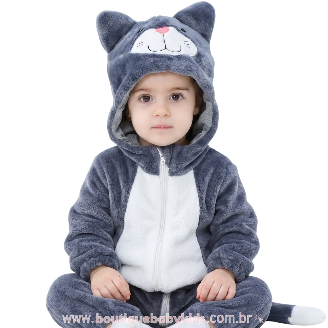Macacão Bebê Fantasia de Bichinho Gatinho Cinza - Boutique Baby Kids 
