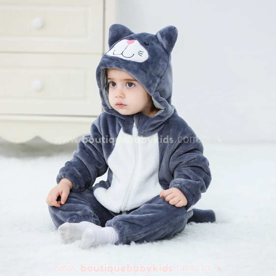 Macacão Bebê Fantasia de Bichinho Gatinho Cinza - Boutique Baby Kids 