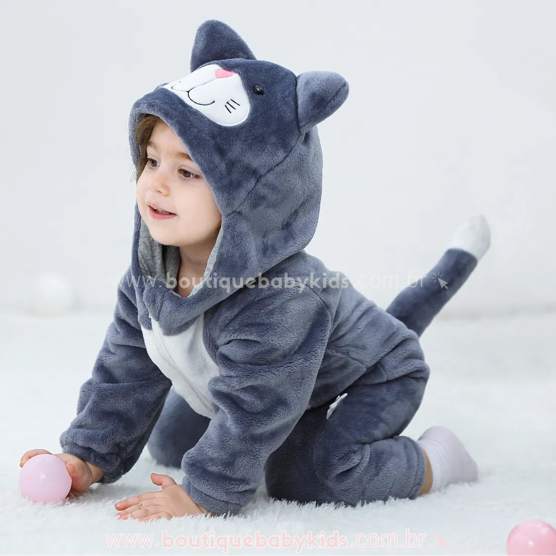 Macacão Bebê Fantasia de Bichinho Gatinho Cinza - Boutique Baby Kids 