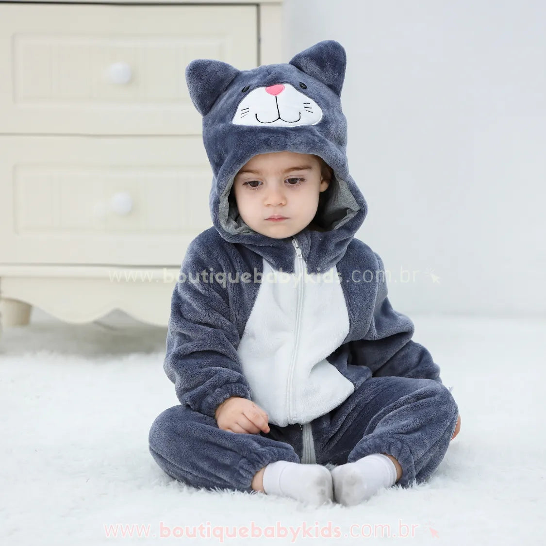 Macacão Bebê Fantasia de Bichinho Gatinho Cinza - Boutique Baby Kids 