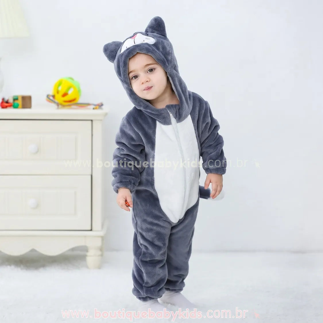Macacão Bebê Fantasia de Bichinho Gatinho Cinza - Boutique Baby Kids 