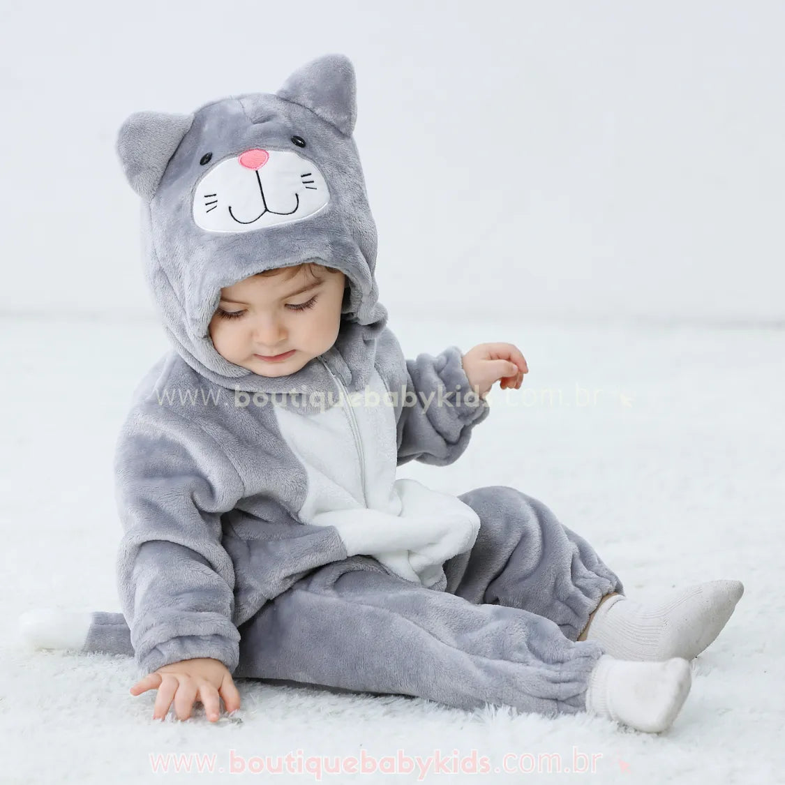 Macacão Bebê Fantasia de Bichinho Gatinho Cinza - Boutique Baby Kids 
