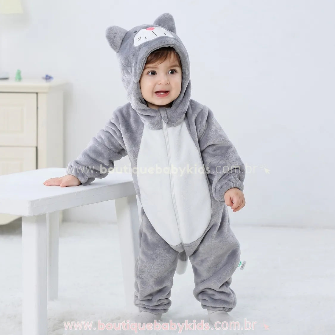 Macacão Bebê Fantasia de Bichinho Gatinho Cinza - Boutique Baby Kids 