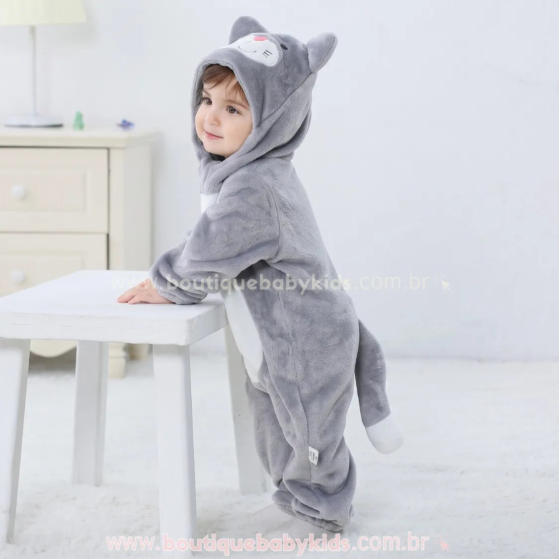Macacão Bebê Fantasia de Bichinho Gatinho Cinza - Boutique Baby Kids 