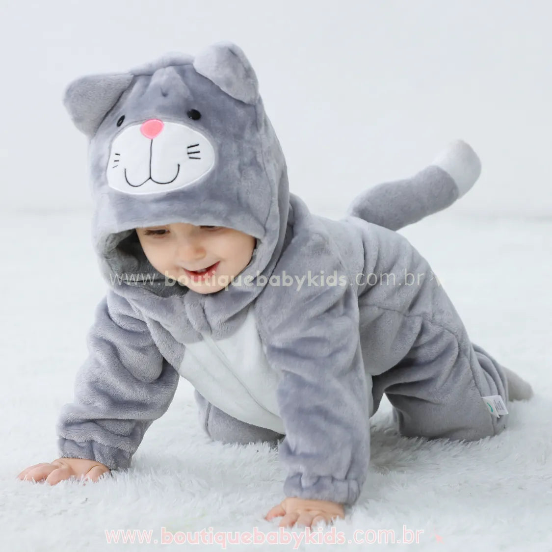 Macacão Bebê Fantasia de Bichinho Gatinho Cinza - Boutique Baby Kids 