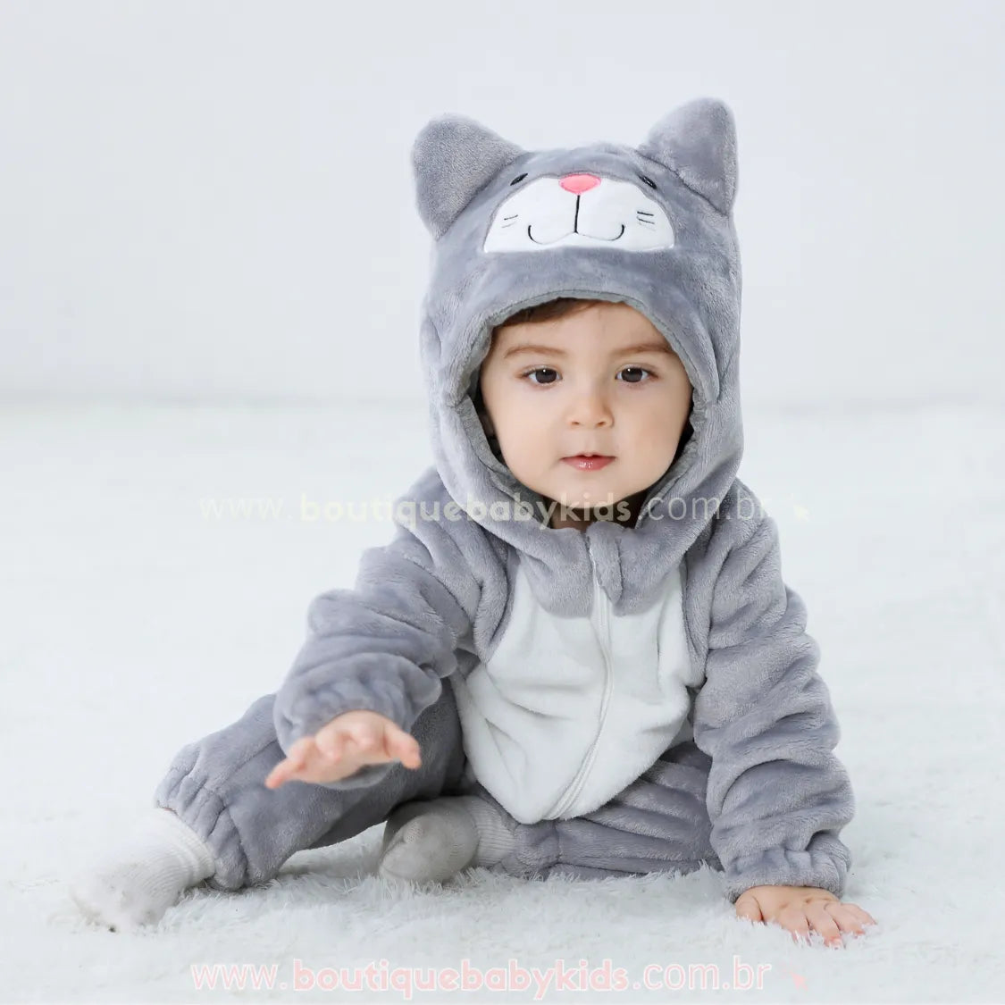 Macacão Bebê Fantasia de Bichinho Gatinho Cinza - Boutique Baby Kids 