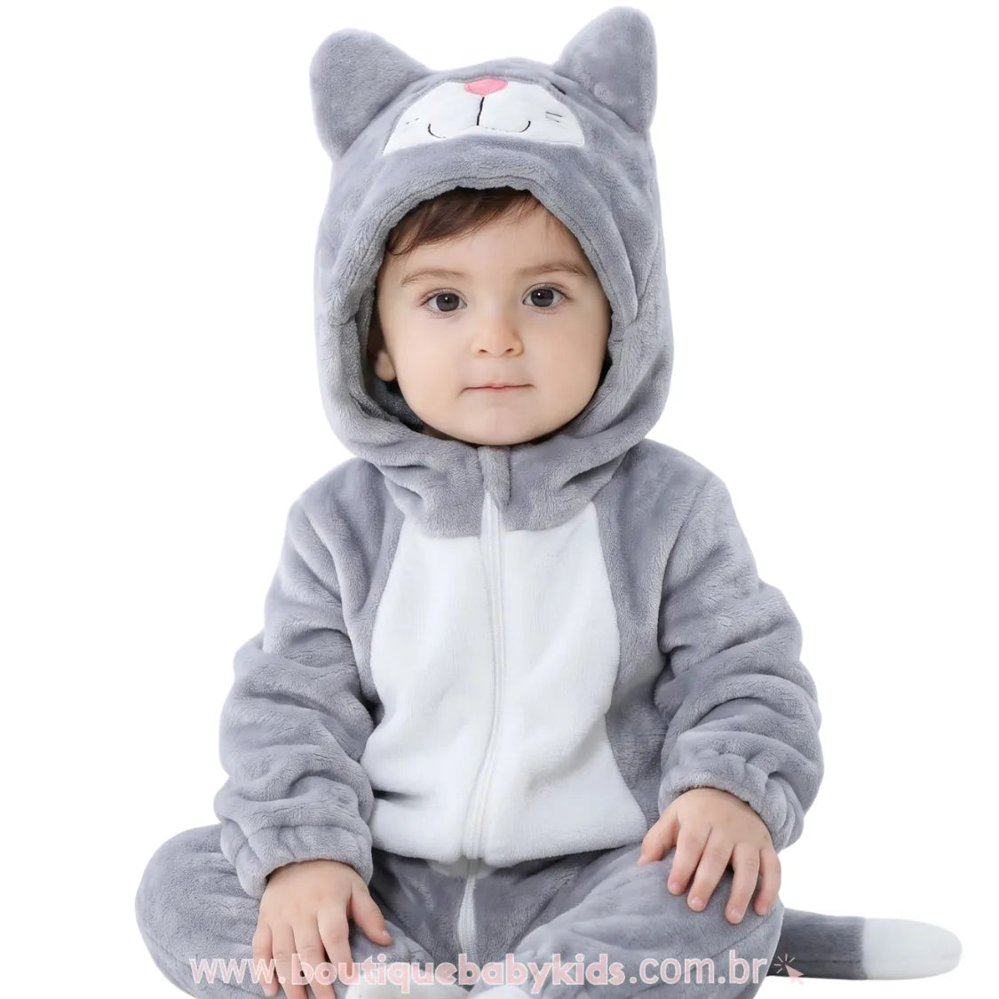 Macacão Bebê Fantasia de Bichinho Gatinho Cinza - Boutique Baby Kids 