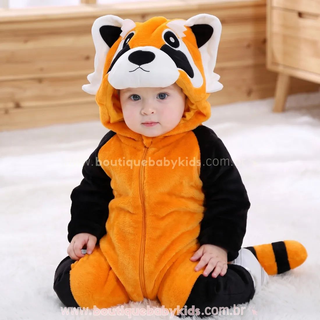 Macacão Bebê Fantasia de Bichinho Guaxinim Laranja - Boutique Baby Kids