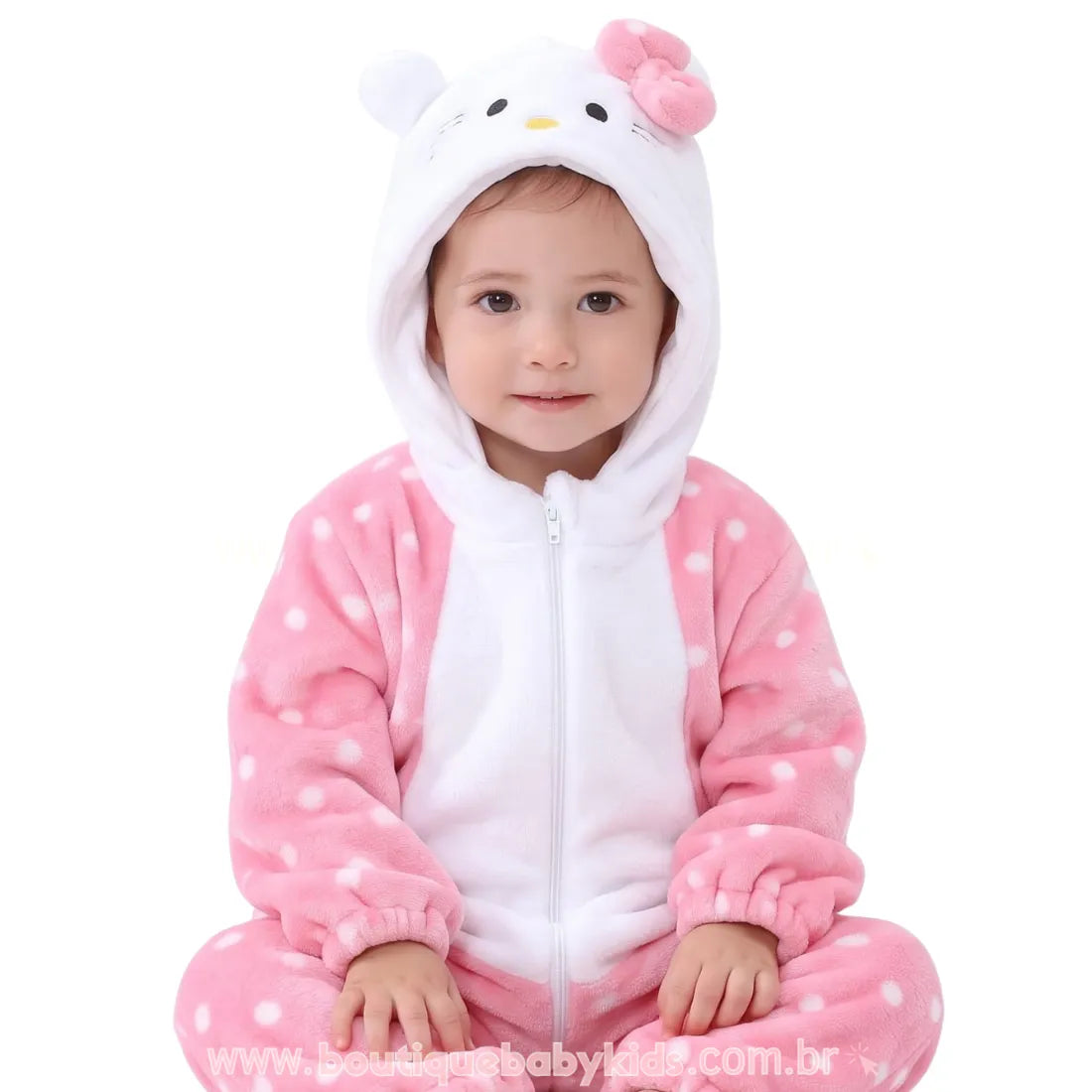 Macacão Bebê Fantasia Hello Kitty Rosa com Capuz e Orelhinhas - Boutique Baby Kids
