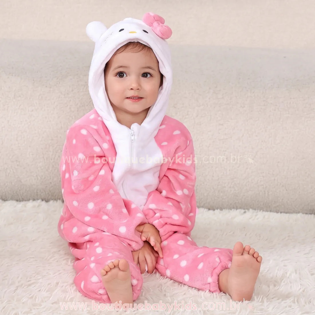 Macacão Bebê Fantasia Hello Kitty Rosa com Capuz e Orelhinhas - Boutique Baby Kids