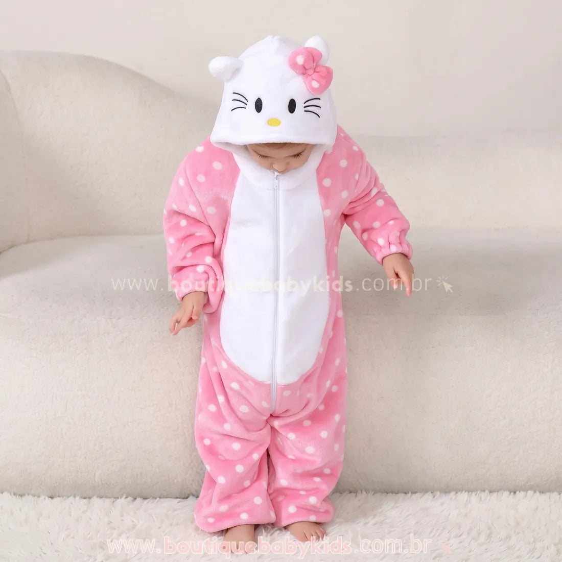 Macacão Bebê Fantasia Hello Kitty Rosa com Capuz e Orelhinhas - Boutique Baby Kids
