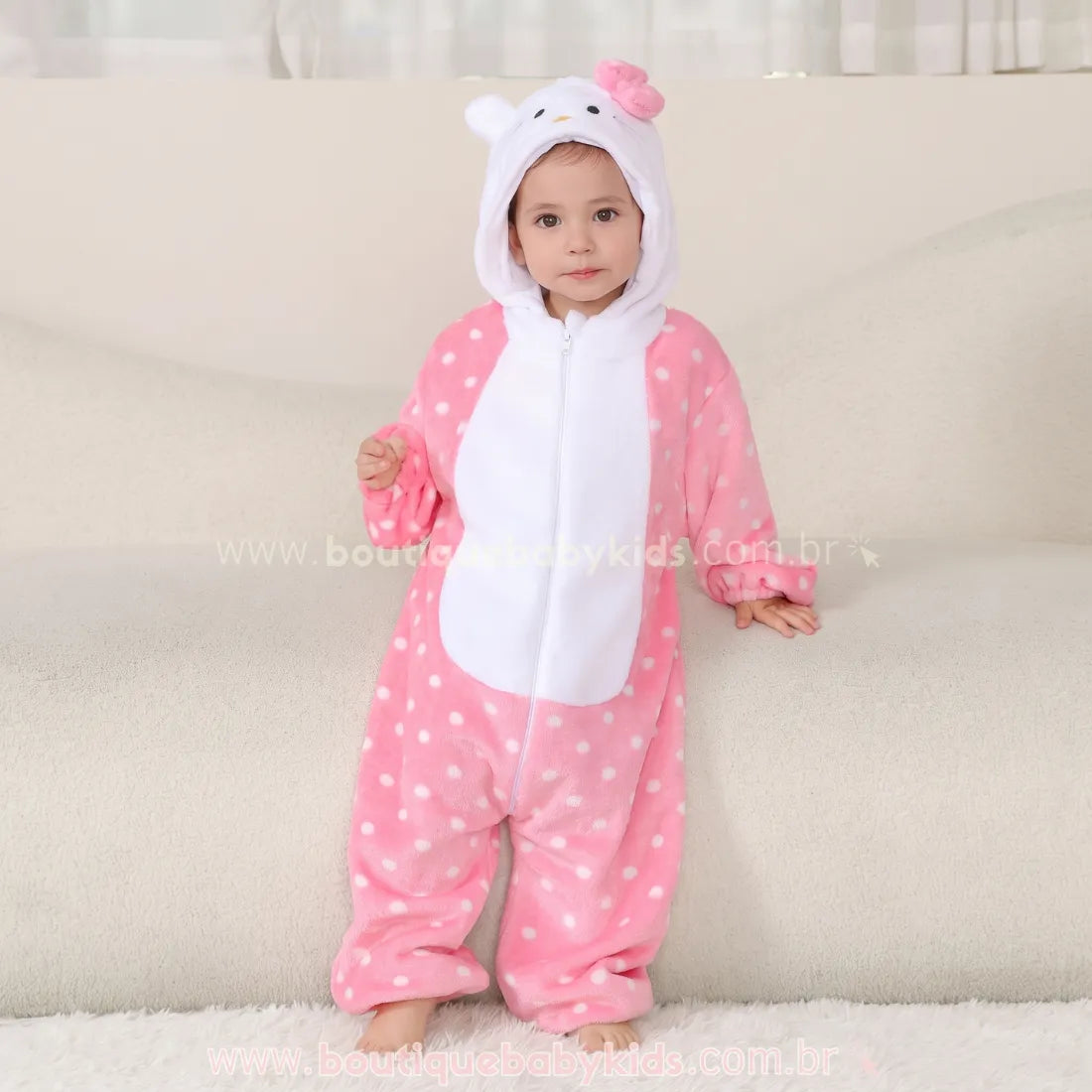 Macacão Bebê Fantasia Hello Kitty Rosa com Capuz e Orelhinhas - Boutique Baby Kids