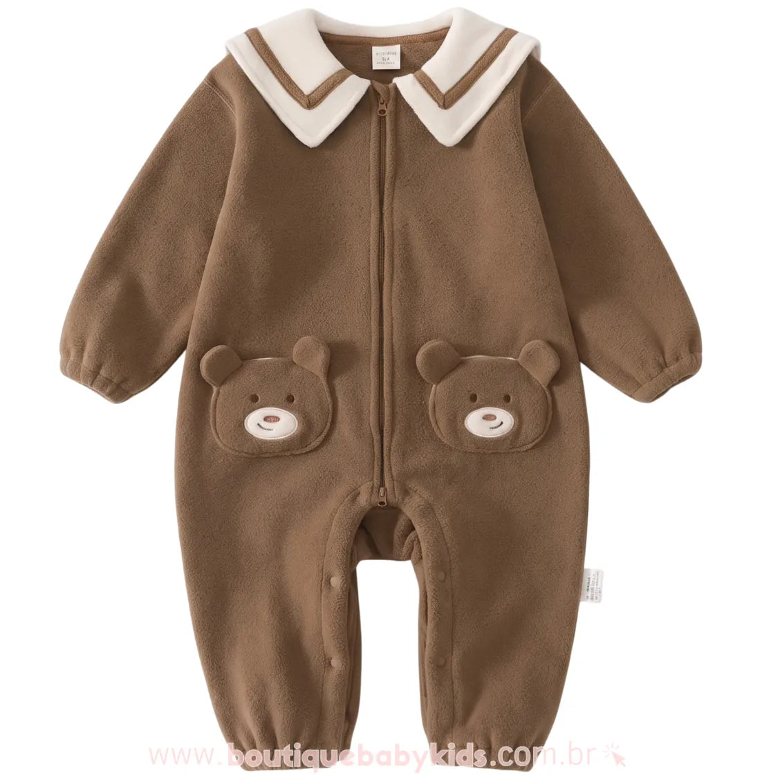 Macacão Bebê Fleece Fofura Ursinho  Marrom com Gola Marinheiro - Boutique Baby Kids