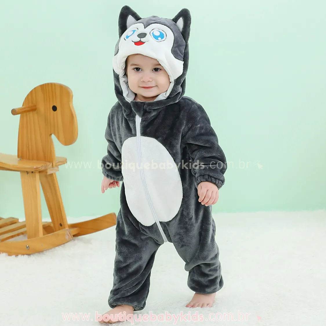 Macacão Bebê Inverno Fantasia Lobinho Cinza - Frete Grátis - Boutique Baby Kids