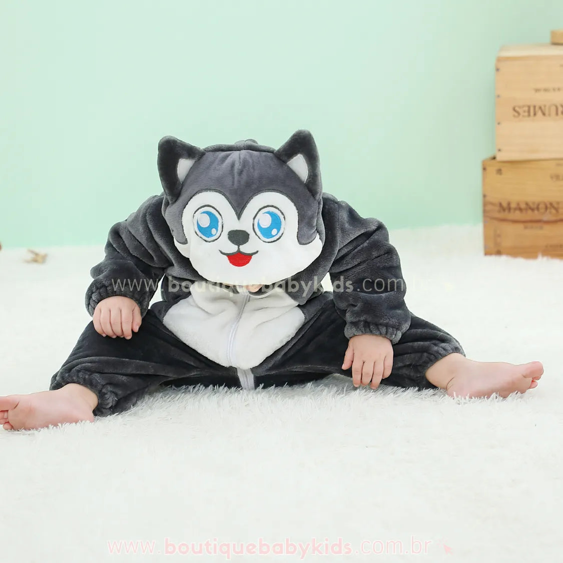 Macacão Bebê Inverno Fantasia Lobinho Cinza - Frete Grátis - Boutique Baby Kids
