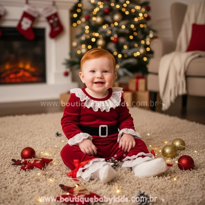 Macacão Bebê de Veludo Mamãe Noel Clássica com Babados Vermelho - Boutique Baby Kids