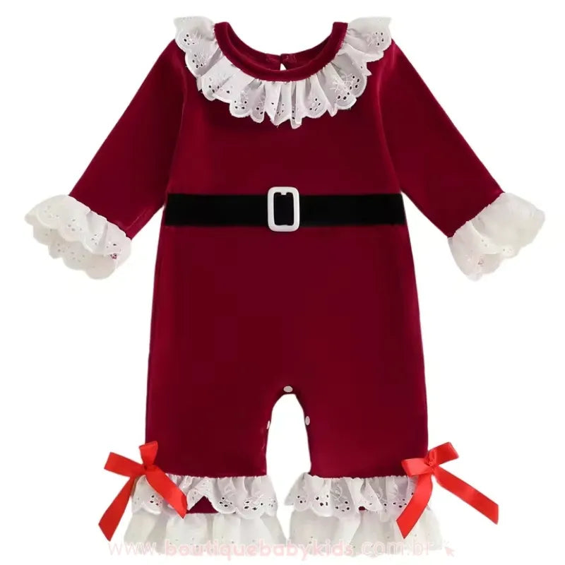 Macacão Bebê de Veludo Mamãe Noel Clássica com Babados Vermelho - Boutique Baby Kids