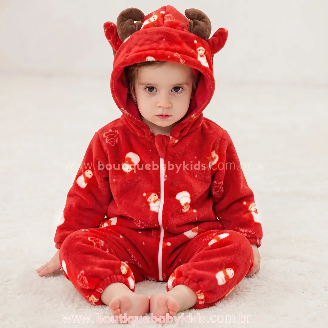 Macacão Bebê Temático Natal dos Sonhos com Capuz Rena Vermelho - Boutique Baby Kids