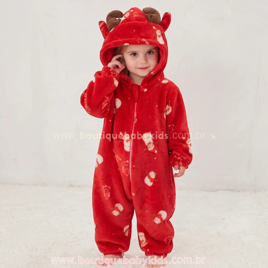 Macacão Bebê Temático Natal dos Sonhos com Capuz Rena Vermelho - Boutique Baby Kids