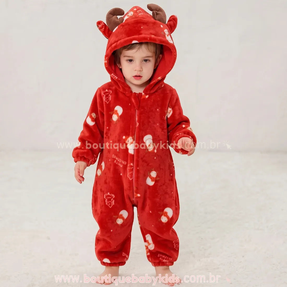 Macacão Bebê Temático Natal dos Sonhos com Capuz Rena Vermelho - Boutique Baby Kids