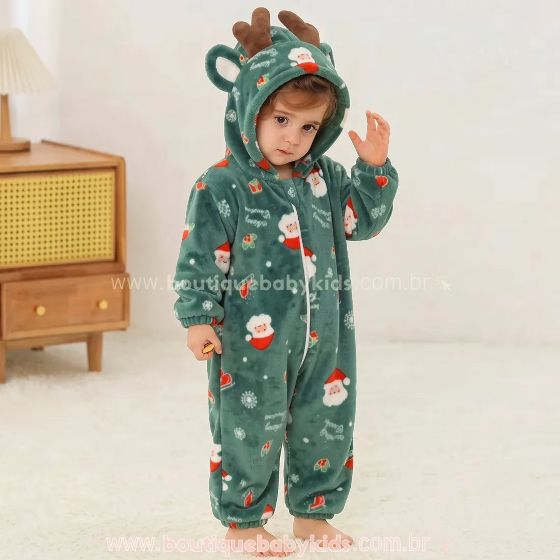Macacão Bebê Papai Noel Sonhador com Capuz de Rena Verde - Boutique Baby Kids