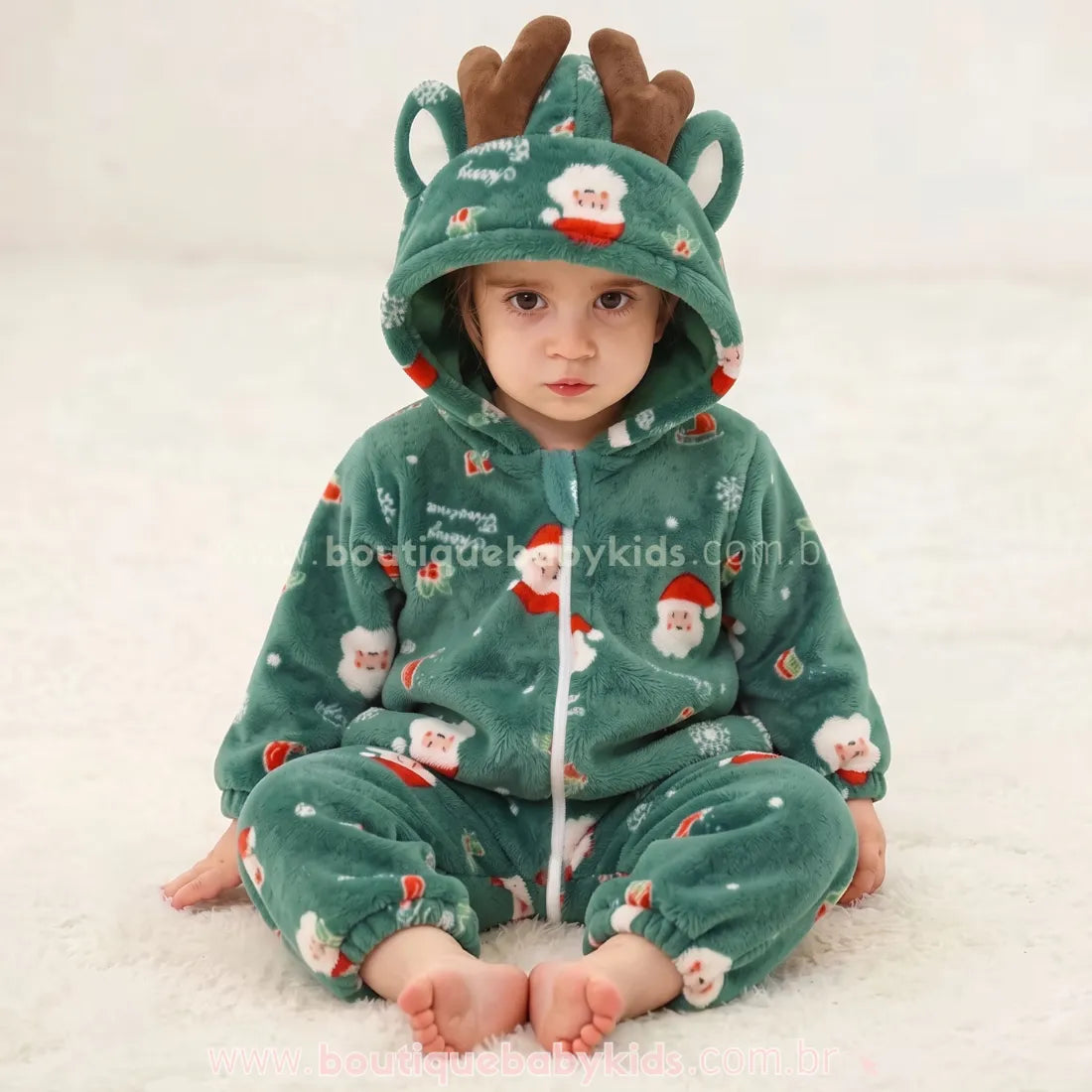 Macacão Bebê Papai Noel Sonhador com Capuz de Rena Verde - Boutique Baby Kids