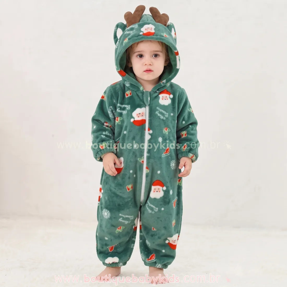 Macacão Bebê Papai Noel Sonhador com Capuz de Rena Verde - Boutique Baby Kids