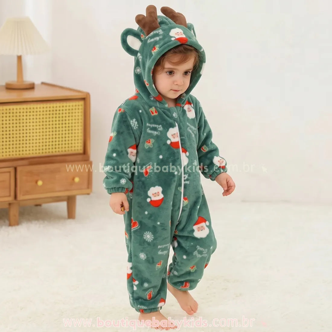 Macacão Bebê Papai Noel Sonhador com Capuz de Rena Verde - Boutique Baby Kids