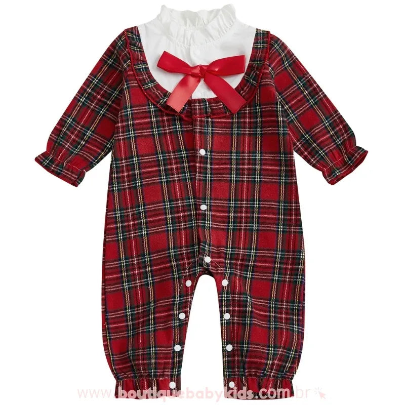 Macacão Bebê Xadrez Primeira Noite de Natal com Laço Vermelho - Boutique Baby Kids