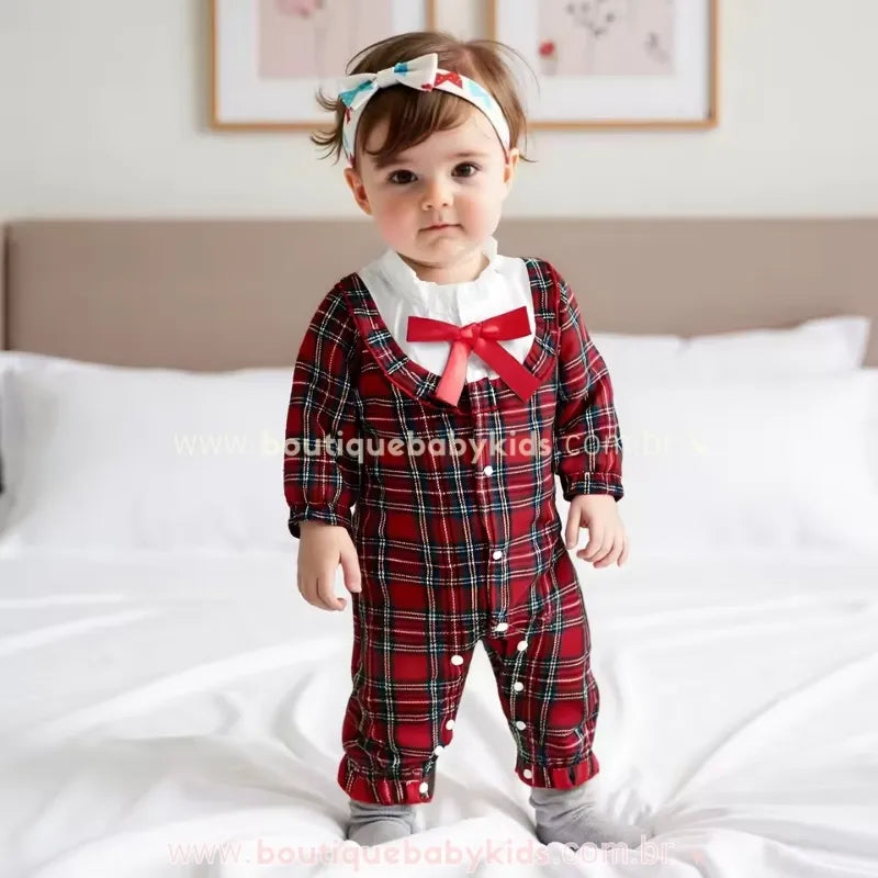 Macacão Bebê Xadrez Primeira Noite de Natal com Laço Vermelho - Boutique Baby Kids