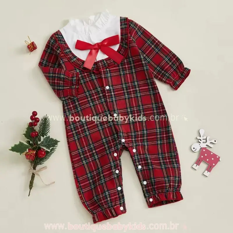 Macacão Bebê Xadrez Primeira Noite de Natal com Laço Vermelho - Boutique Baby Kids