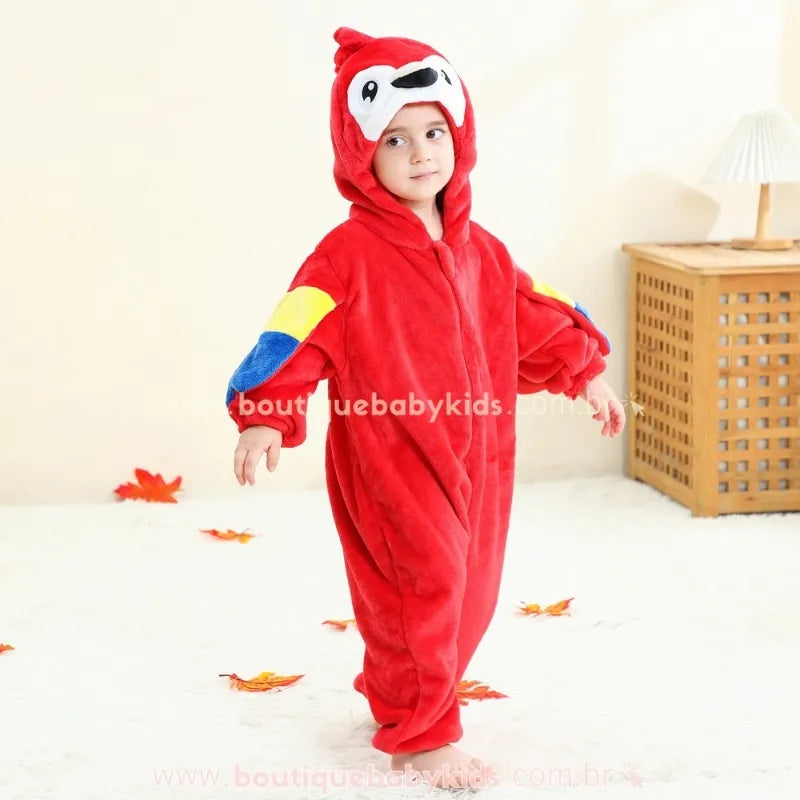 Macacão Bebê Temático Fantasia Arara Vermelha com Capuz - Boutique Baby Kids