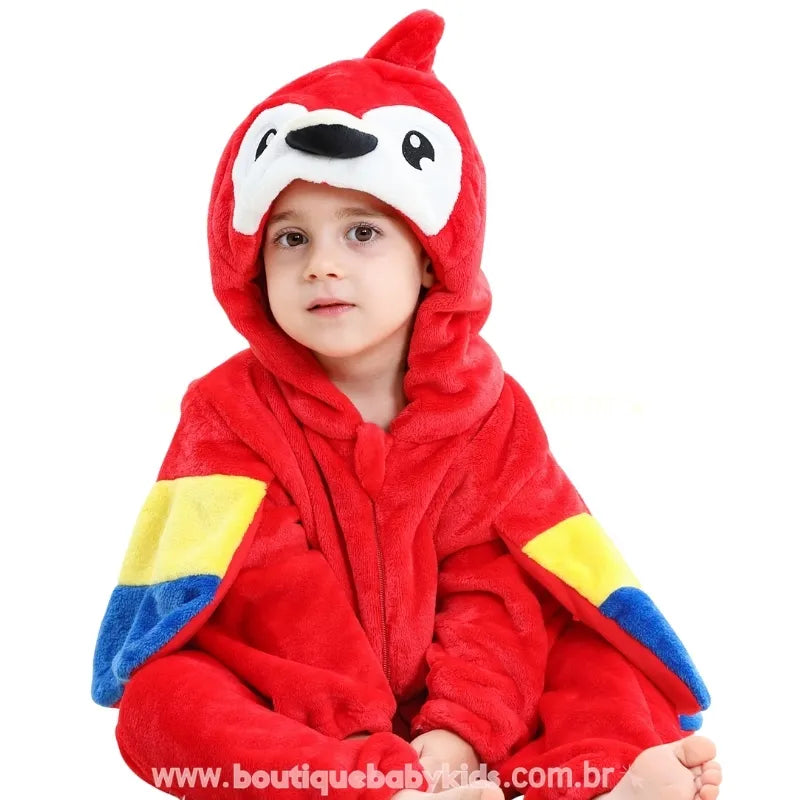 Macacão Bebê Temático Fantasia Arara Vermelha com Capuz - Boutique Baby Kids