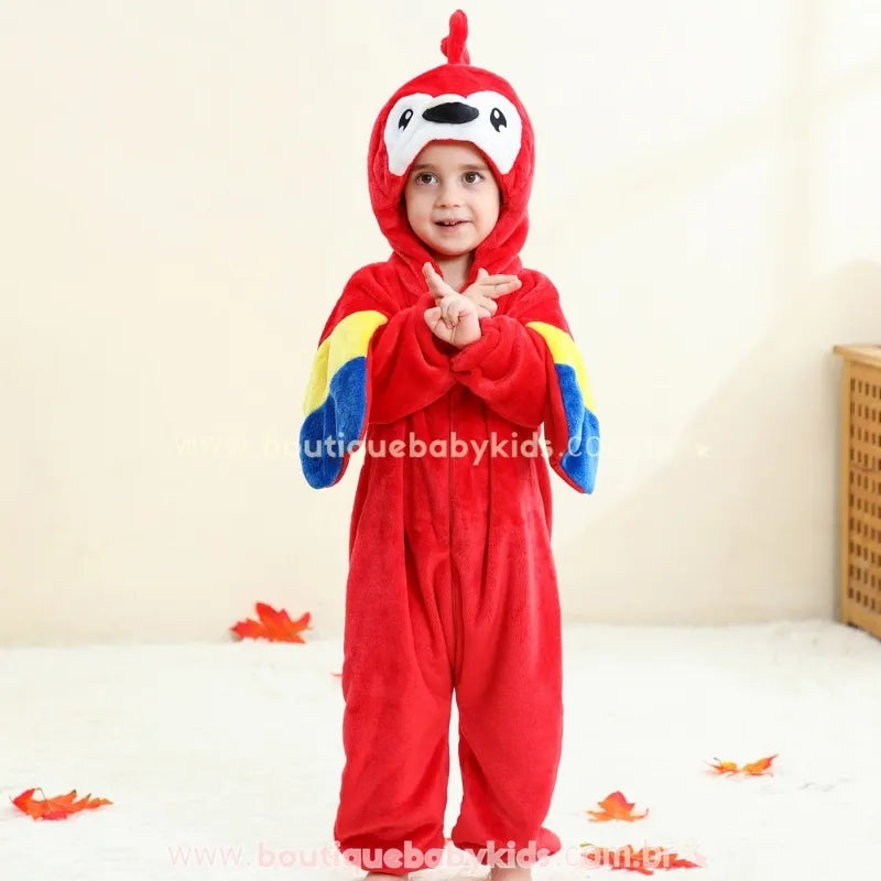 Macacão Bebê Temático Fantasia Arara Vermelha com Capuz - Boutique Baby Kids