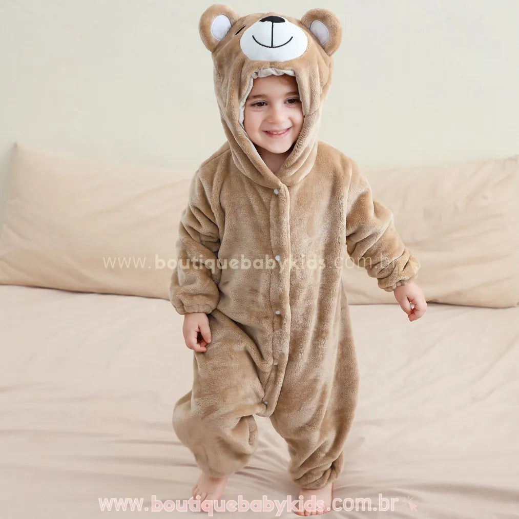 Macacão Bebê de Bichinho Ursinho Aconchego Pelúcia Quentinho com Capuz Bege - Boutique Baby Kids 