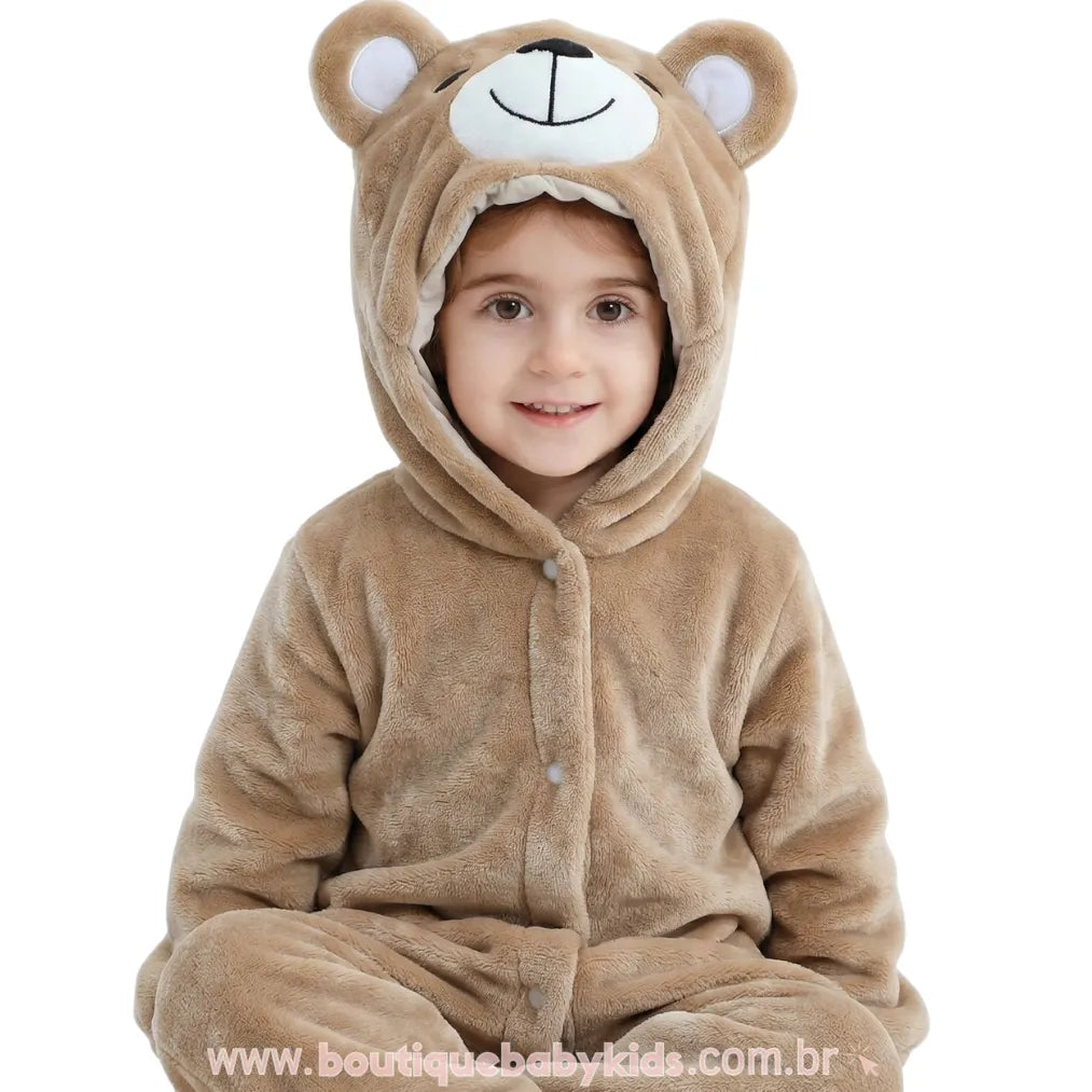 Macacão Bebê de Bichinho Ursinho Aconchego Pelúcia Quentinho com Capuz Bege - Boutique Baby Kids 