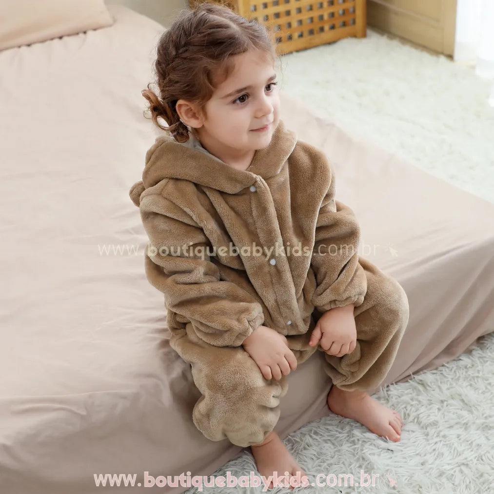 Macacão Bebê de Bichinho Ursinho Aconchego Pelúcia Quentinho com Capuz Bege - Boutique Baby Kids 