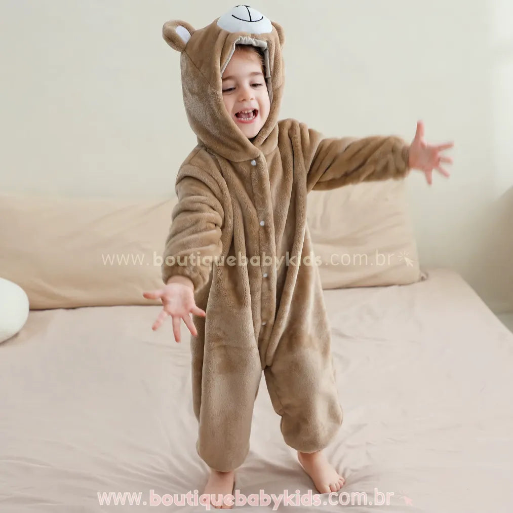 Macacão Bebê de Bichinho Ursinho Aconchego Pelúcia Quentinho com Capuz Bege - Boutique Baby Kids 
